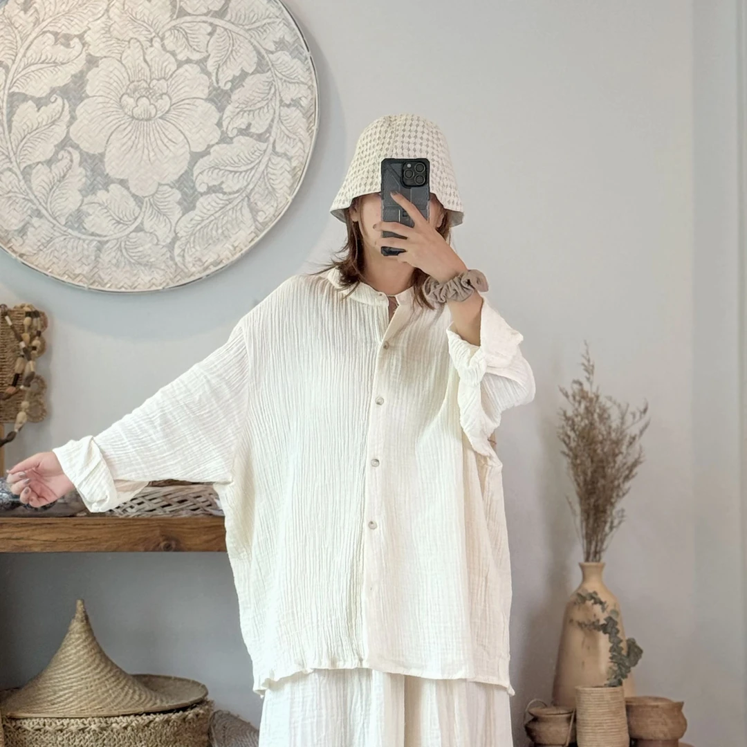 Taya 2024 Y66 泰国清迈直邮夏季新款棉布米白色排扣衬衫
