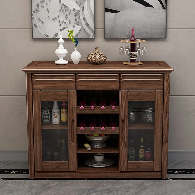 胡桃木餐边柜茶水柜酒柜现代简约收纳柜实木储物柜厨房家具玄关