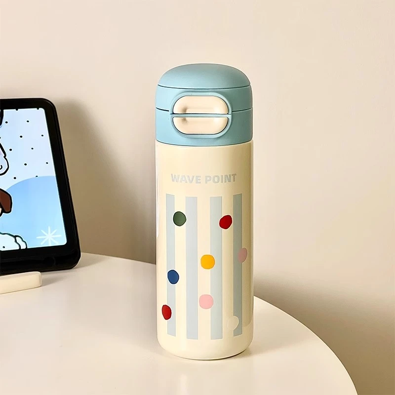 彩色波点保温杯316不锈钢水杯大容量女生便携直饮杯带吸管弹盖杯