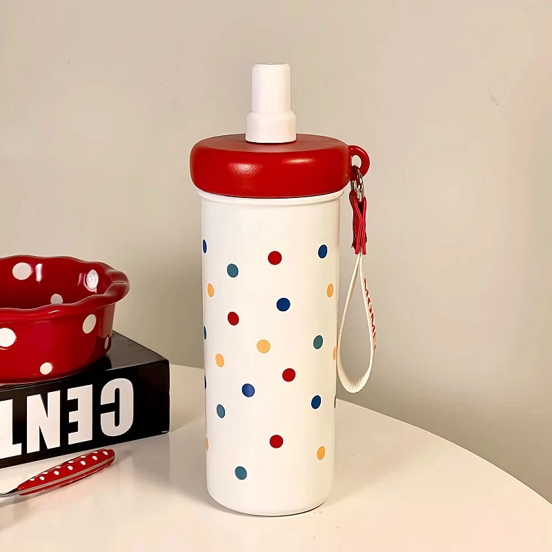 彩色波点小猫可爱女保温杯网红款大容量便携斜挎防摔防漏水吸管杯