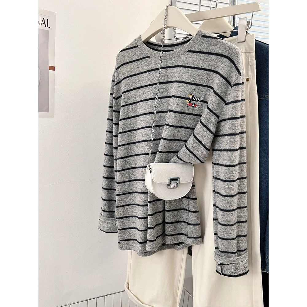 特大码300斤刺绣小狗条纹长袖t恤女2024新款秋冬季内搭打底衫上衣