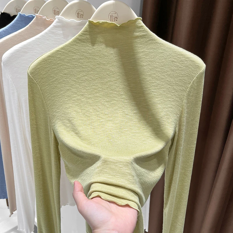 竹节棉纯色打底衫春季新款长袖高领T恤洋气高档木耳边薄款上衣女