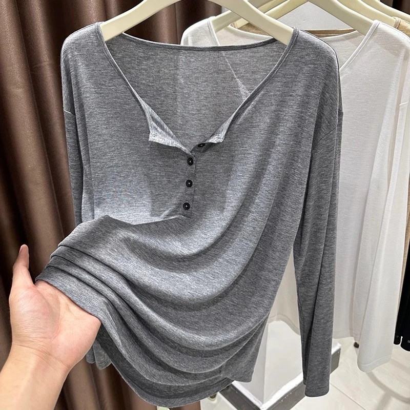 V领冰丝防晒长袖打底衫女春季新款微透慵懒风T恤纯色修身内搭薄款