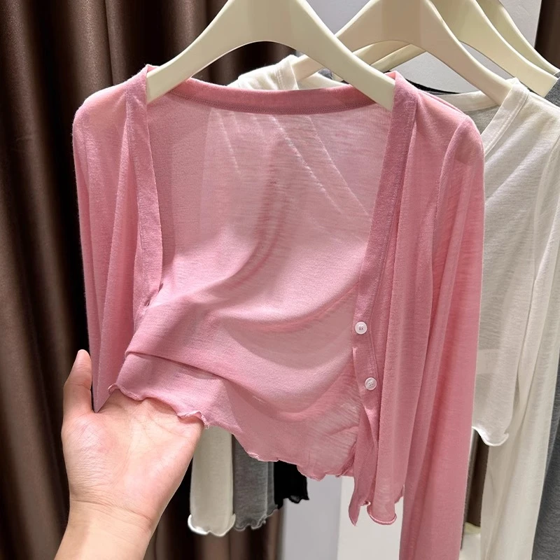 粉色配裙子外搭罩衫夏季新款木耳边防晒坎肩开衫薄款短外套上衣女