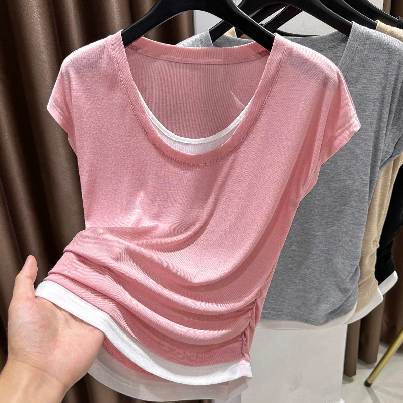 粉白低领褶皱短袖T恤夏季新款大圆领假两件无袖坎肩薄款背心上衣