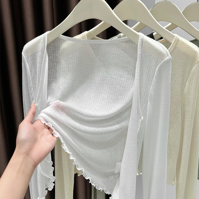 白色微透小开衫上衣女夏季配吊带裙防晒披肩薄款软糯长袖冰丝罩衫
