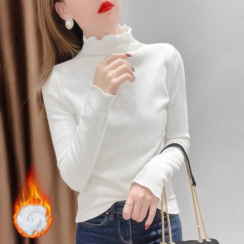 白色半高领打底衫女款爆款2023新款秋冬长袖加绒加厚亮片内搭上衣