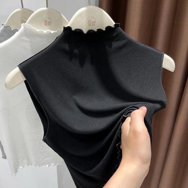 2025秋季新款半高领无袖打底衫女时尚假领黑色修身韩版内搭背心