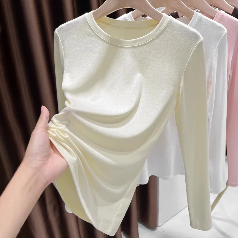 杏色圆领长袖针织T恤女秋季新款修身柔软打底衫薄款百搭内搭上衣