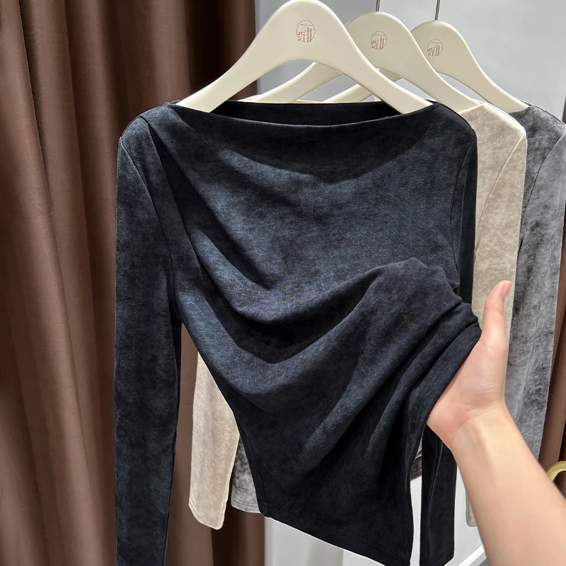 黑色针织修身打底衫女秋冬新款长袖百搭洋气上衣软糯纯色时尚T恤