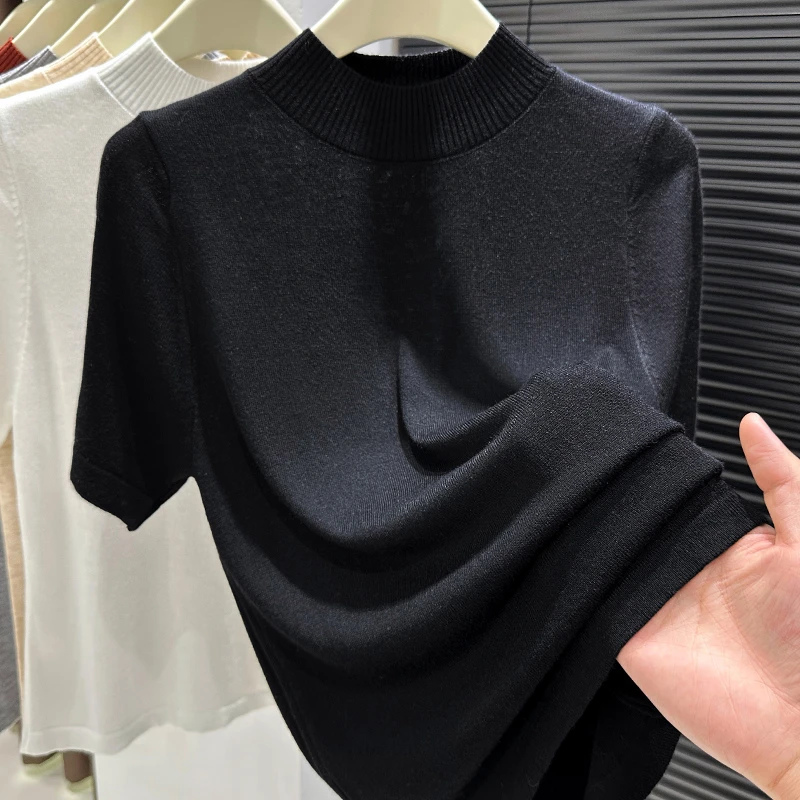 夏季针织短袖圆领毛衣内搭2025新款修身时尚打底衫百搭纯色上衣女