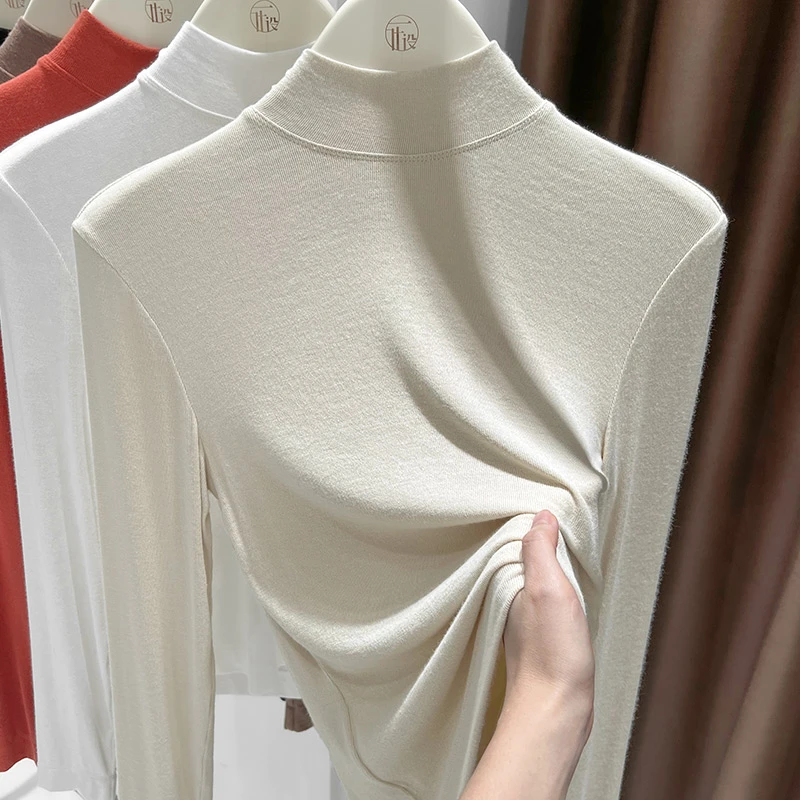 杏色修身打底衫女款秋季新款内搭半高领薄款上衣百搭针织长袖T恤