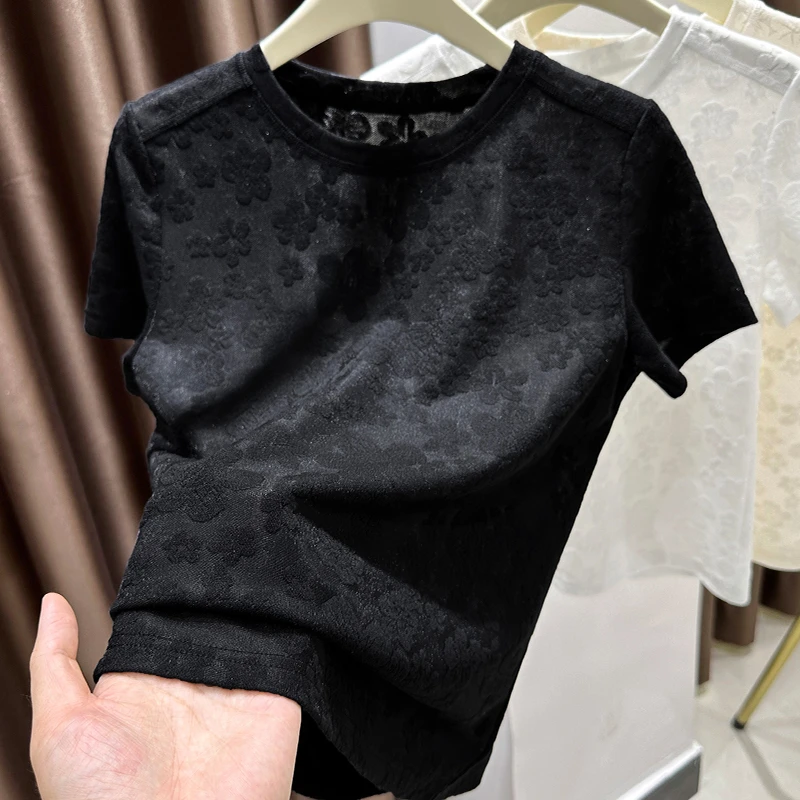 黑色小圆领气质短袖打底衫女士2025春季百搭上衣薄透叠穿内搭T恤