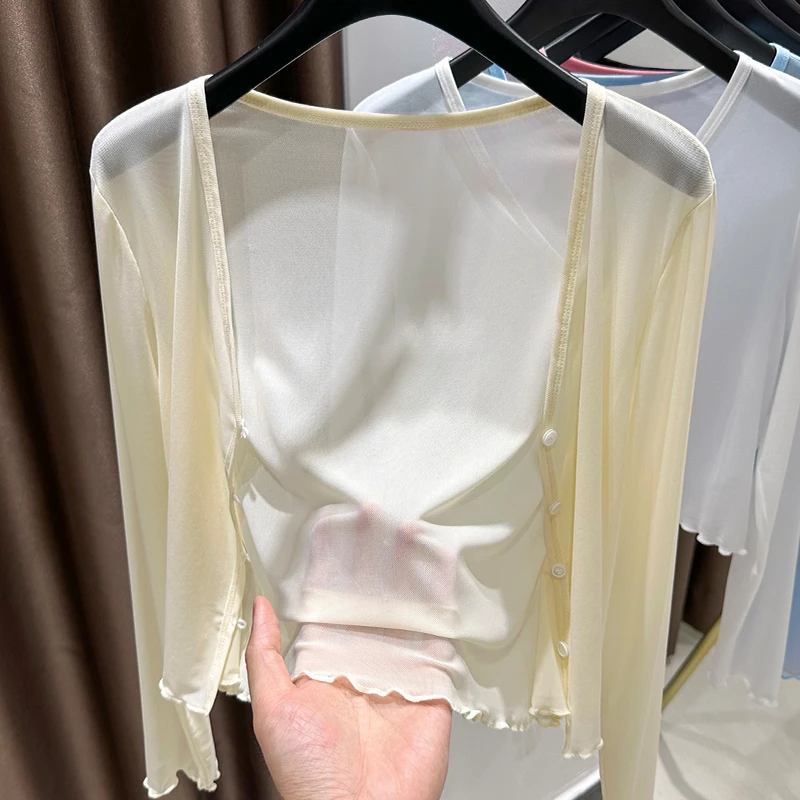 杏色短款透明薄纱外套女夏季新款配裙子网纱披肩薄款外搭V领上衣