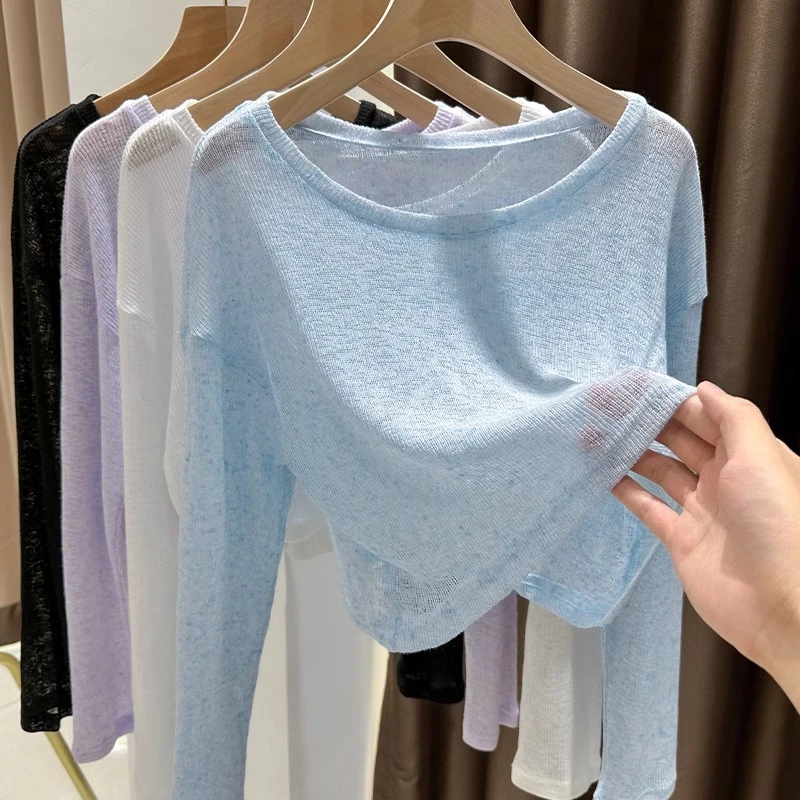 蓝色宽松圆领薄款小罩衫新款秋季时尚短款百搭洋气针织长袖上衣女