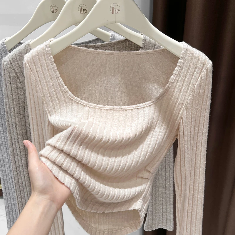 杏色方领修身长袖上衣女2025秋季新款内搭T恤时尚针织磨毛打底衫