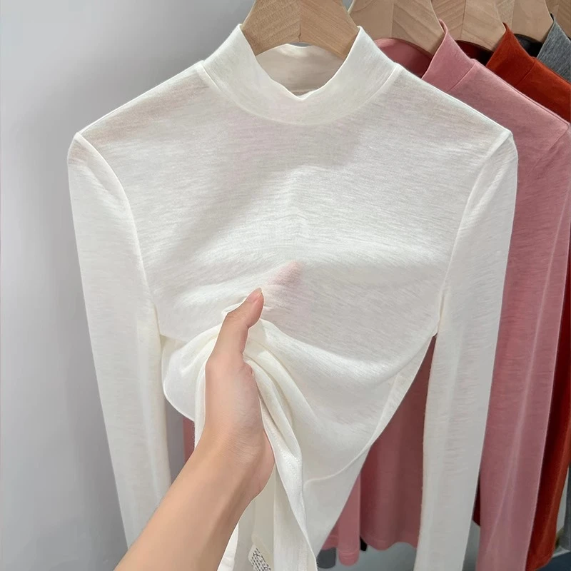 白色半高领打底衫女款爆款2025新款秋季修身长袖t恤洋气内搭上衣