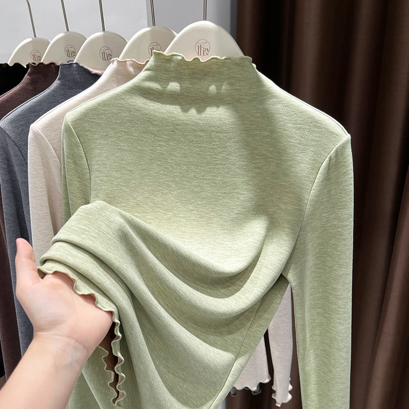 绿色小众T恤上衣女秋冬新款长袖内搭木耳边德绒半高领纯色打底衫