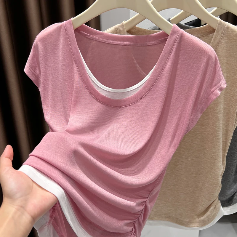 粉白低领插肩袖短袖T恤女夏季新款褶皱收腰显瘦打底衫假两件内搭
