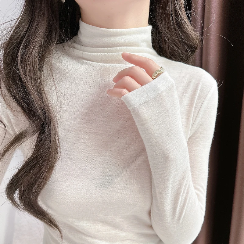 白色薄款半高领打底爆款2025新款春季长袖修身洋气上衣内搭小衫女
