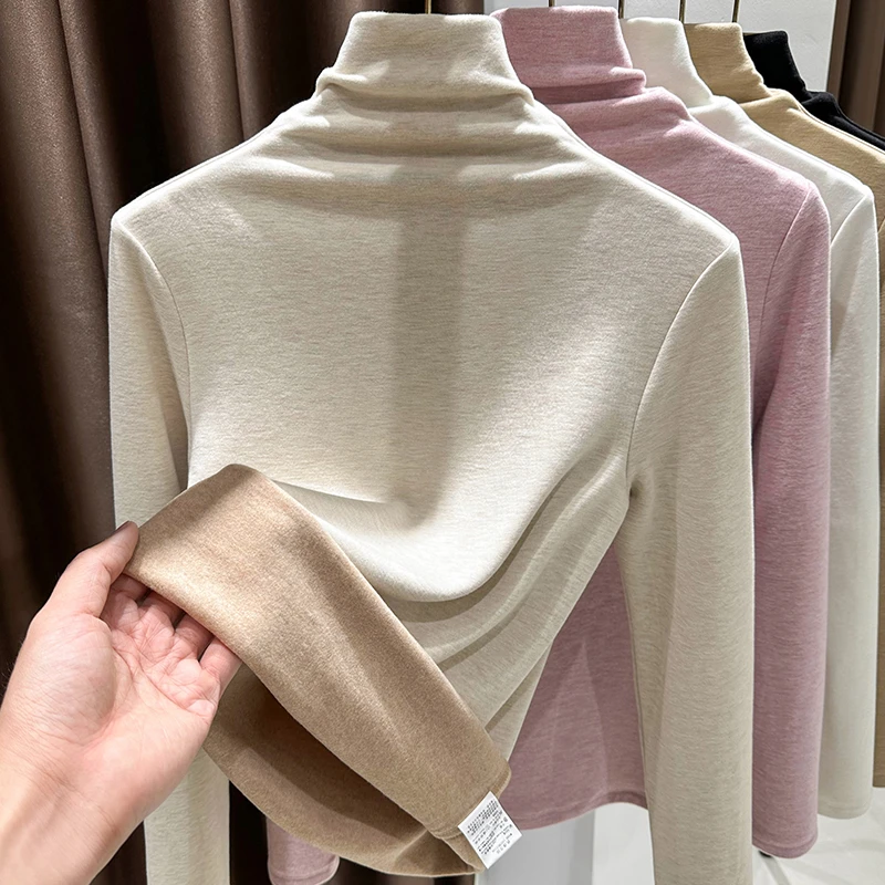 杏色长袖德绒上衣2024秋冬新款堆堆领保暖T恤加绒加厚修身打底衫