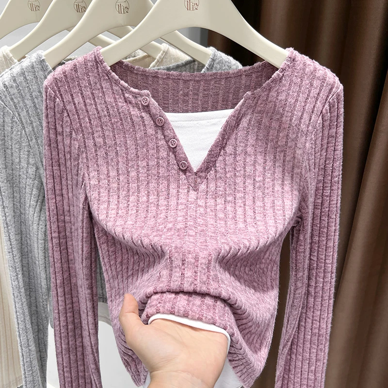 紫色假两件V领长袖上衣女春秋新款内搭撞色T恤小众气质修身打底衫