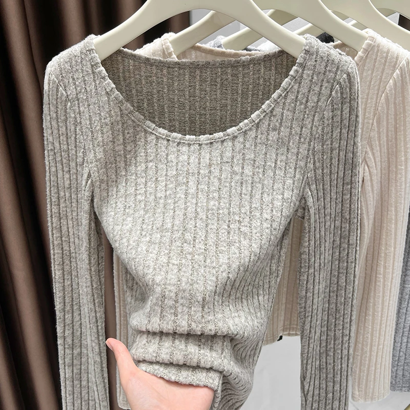 燕麦色磨毛针织打底衫2024新款秋季长袖修身上衣内搭薄款纯色T恤