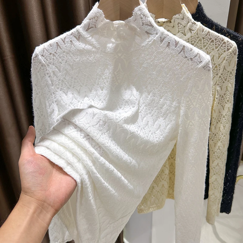 白色长袖蕾丝衫女内搭2025新款秋冬修身保暖上衣半高领显瘦打底衫