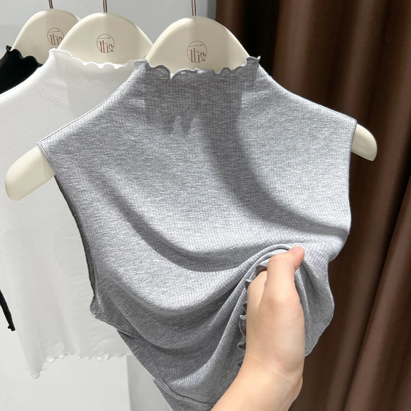 灰色木耳半高领无袖上衣秋季爆款内搭背心设计感韩版假领子打底衫