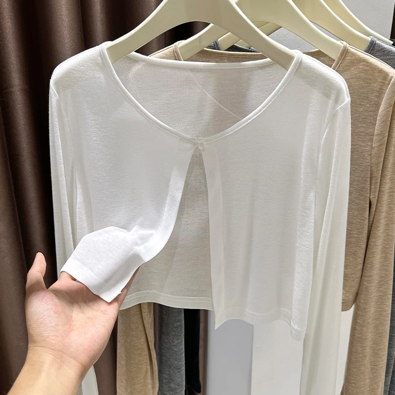 夏季配吊带裙外搭修身披肩女短款长袖防晒罩衫一粒扣薄款针织开衫