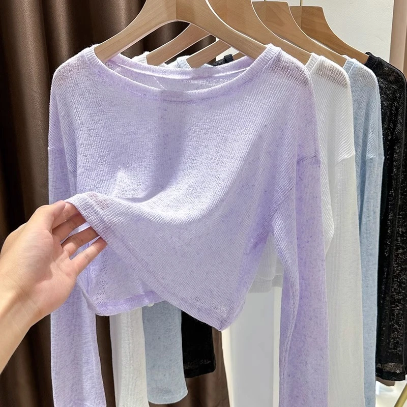 紫色冰丝圆领长袖T恤女秋季防晒配吊带外搭罩衫宽松高级感短上衣