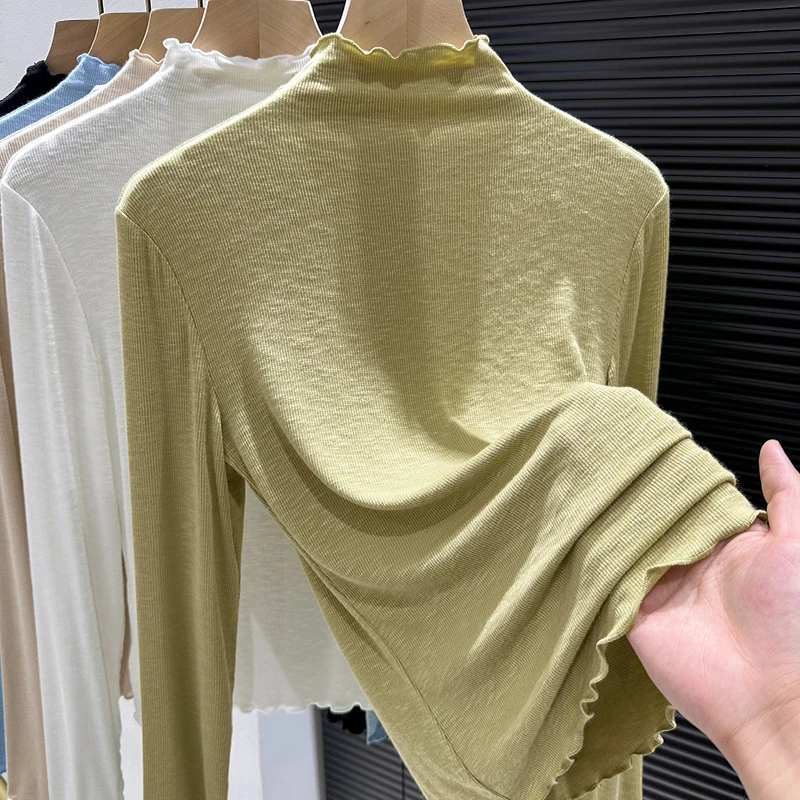 纯色木耳边打底衫女爆款2025新款春季长袖半高领气质薄款内搭上衣