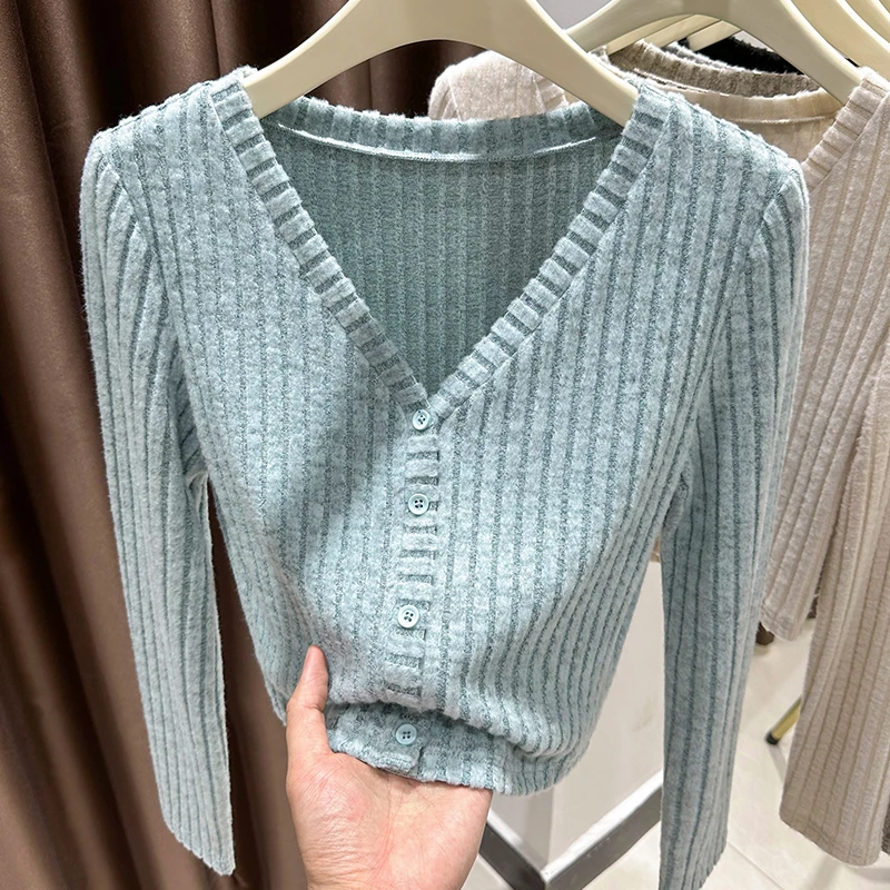 2025爆款蓝色洋气V领单排扣开衫外套女夏季配裙子显瘦针织衫上衣