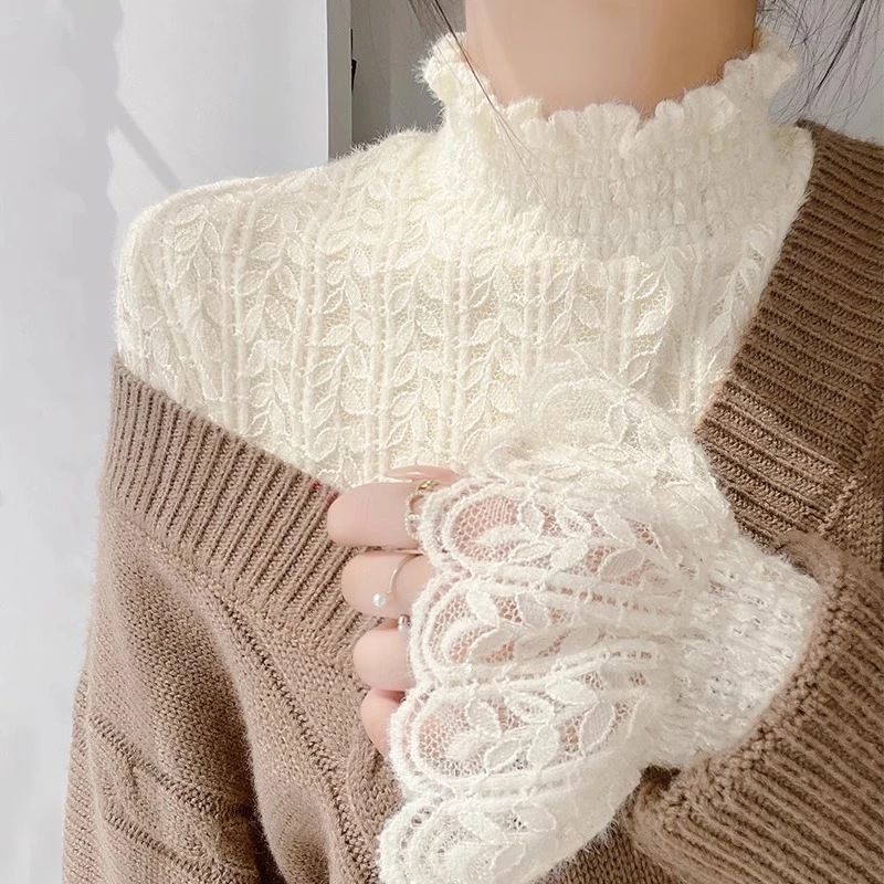半高领喇叭袖蕾丝打底衫女2024新款秋冬内搭网纱加绒加厚保暖上衣