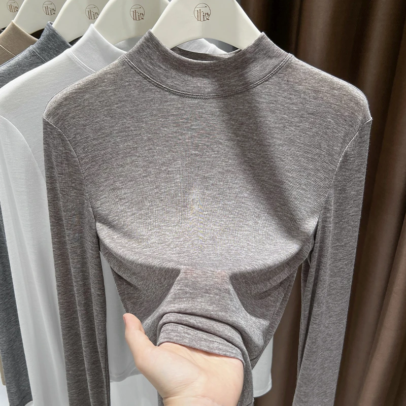 纯色半高领显瘦上衣女春季新款高级感时尚打底衫百搭薄款长袖T恤