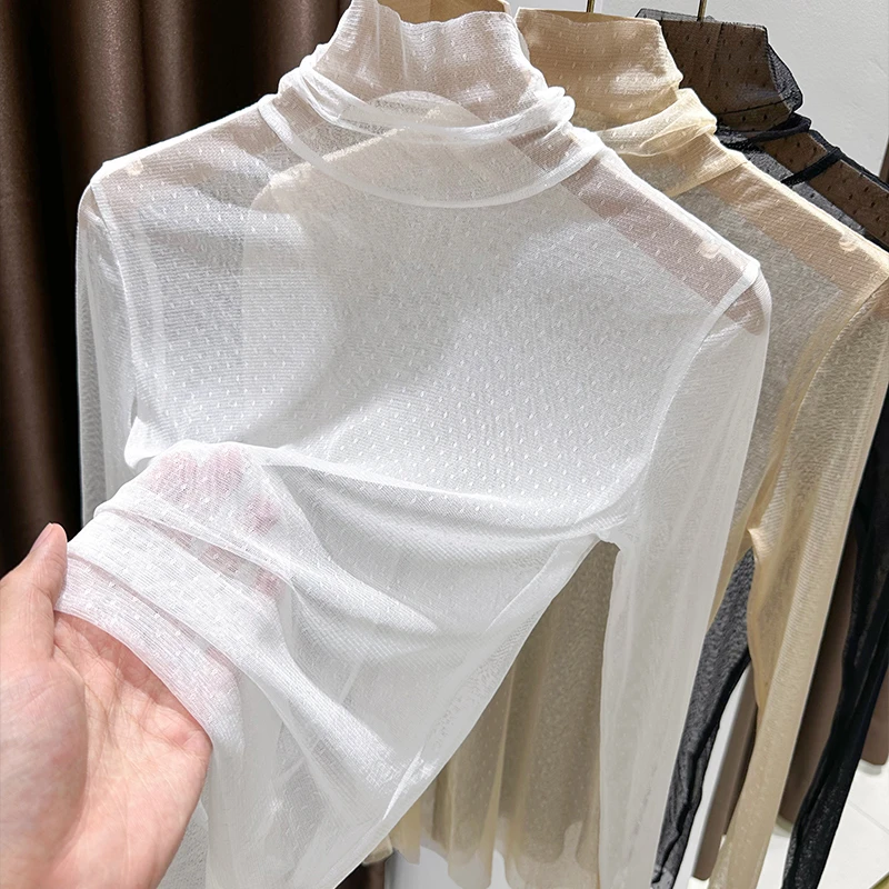 2025秋季爆款白色堆堆高领打底衫女薄款网纱透气蕾丝修身长袖上衣