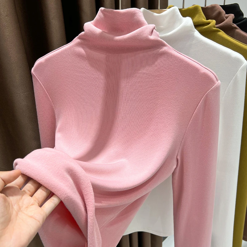 粉色磨毛针织长袖T恤2024秋冬新款内搭上衣堆堆领加厚保暖打底衫
