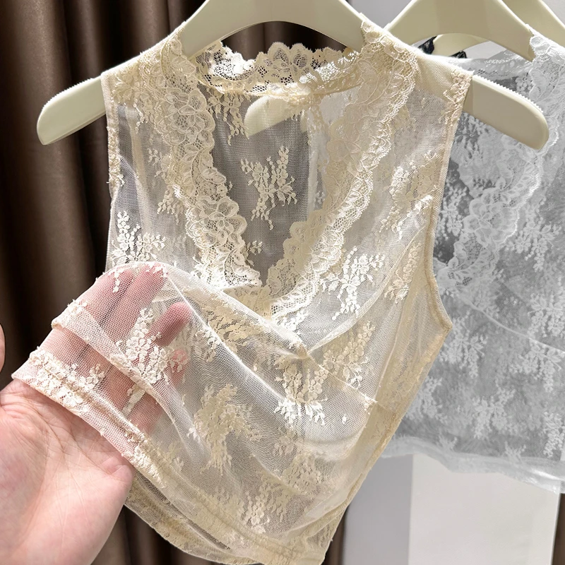 杏色V领设计感蕾丝上衣2025夏季新款网纱透视打底衫内搭薄款背心