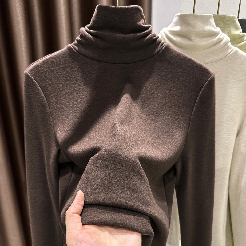 咖色长袖堆堆领德绒打底衫2025新款秋冬内搭半高领加厚保暖上衣女