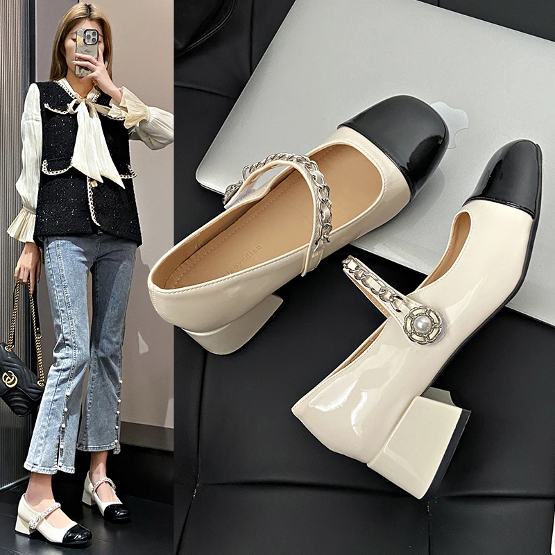 小香风玛丽珍鞋子女2024年春新款珍珠高跟单鞋复古粗跟中跟浅口