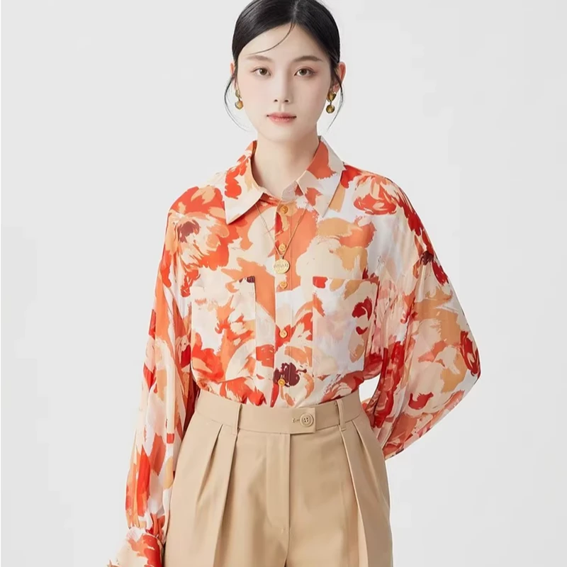 友阿商场玛施嫚女装2025春气质桑蚕丝枫叶橘印花口袋衬衫5301019