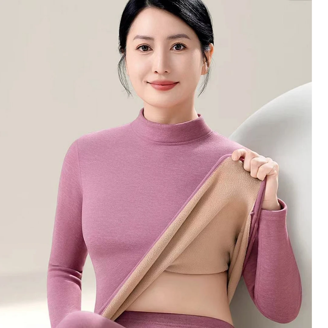 半高领女款套装加入加厚圆领保暖套装