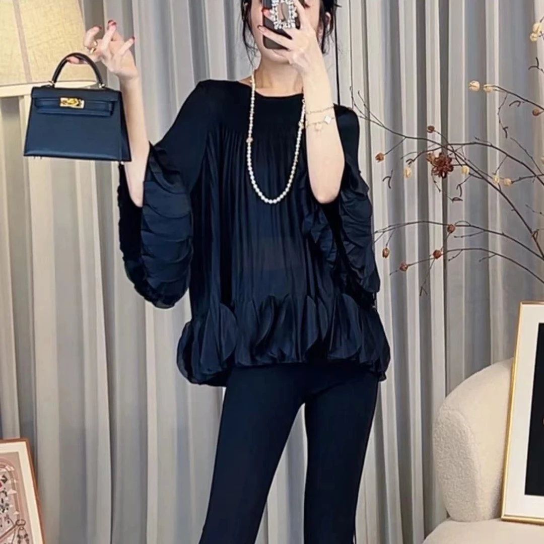 小众长袖花瓣三宅优雅百搭上衣2024夏季新款遮肚显瘦荷叶边衬衫女