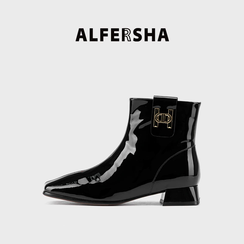 2025春款阿芙莎3320630新款时尚粗跟方头加绒女士短靴