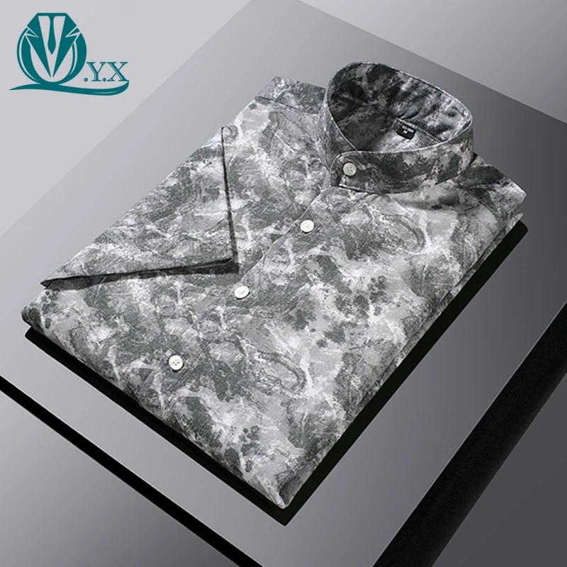 夏季男士立领短袖印花衬衫复古中国风亚麻花衬衣时尚休闲半袖寸衫