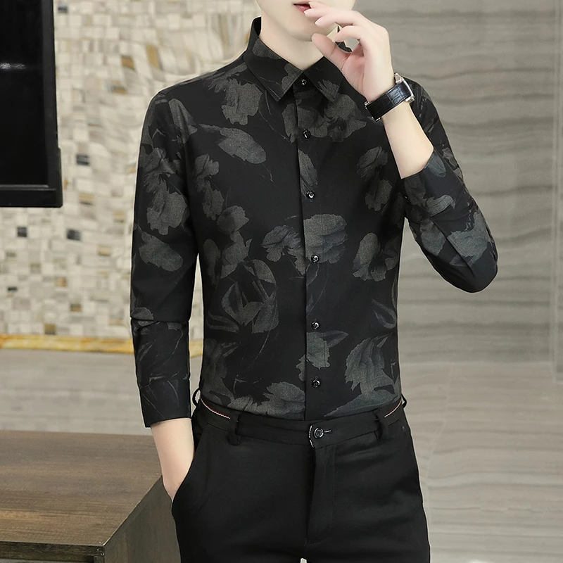 秋季男士长袖印花衬衫韩版修身休闲衬衣高端上档次痞帅中国风寸衫