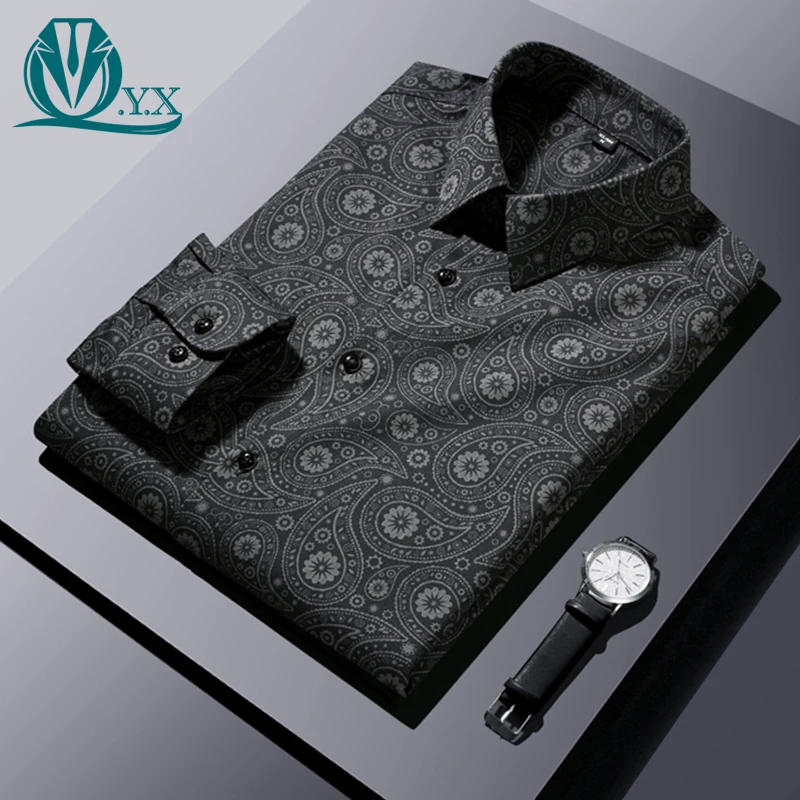 2025秋季男士印花长袖衬衫时尚潮流痞帅气碎花衬衣轻奢高档男装