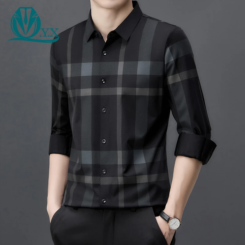 春季高弹力无痕衬衫男长袖商务休闲格子衬衣男士高端轻奢丝滑寸衫