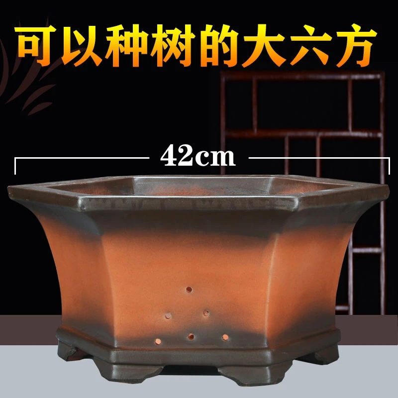 宜兴紫砂花盆六方器仿古盆透气养根花卉绿植盆大口径六角盆景盆