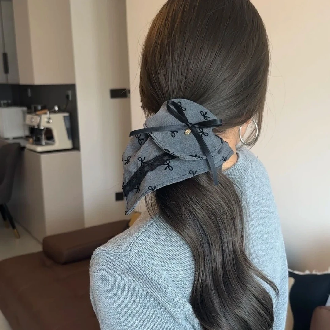 灰色格雷系蝴蝶结蕾丝发圈大肠发圈高级优雅皮筋发绳